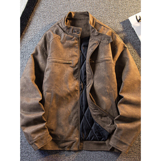 Playboy American Retro Distressed Stand Collar Harrington Jacket Cotton Jacket Men's Winter Warm Thickened Leather Jacket Brown Quilted Warm M (110-130Jin Jin equals 0.5kg)