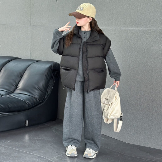 Wooden house girl's winter vest plus velvet and thickening for middle and large children 2026 new style autumn and winter style children's three-piece trendy black cotton vest thickened 140 recommended height 125-135 weight 50-60 Jin Jin is equal to 0.5 kg