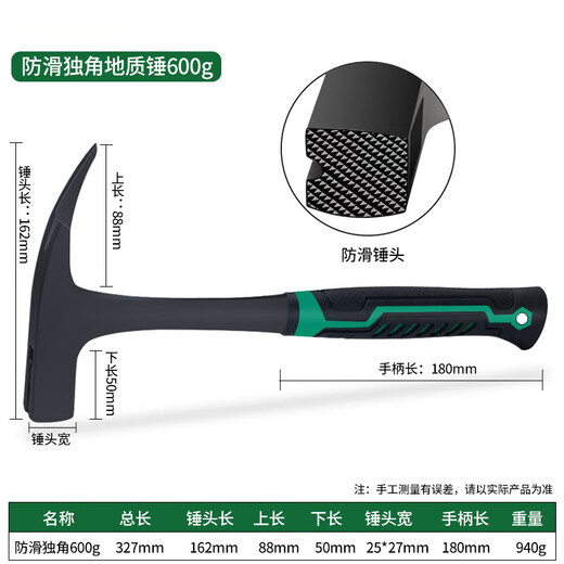 RSRDDY Germany Geological Exploration Hammer Sheet Metal Hammer Ore Hammer Professional Multi-Function Household Quarrying Mountaineering Pointed Flat Unicorn Hammer 600g (Black)