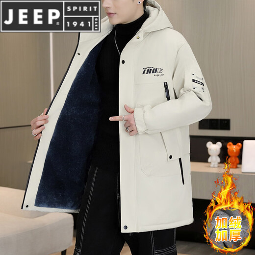 JEEP SPIRIT winter mid-length windbreaker men's hooded plus velvet thickened parka cotton clothing trendy handsome casual jacket 3-29-plus velvet 25801 black 2XL
