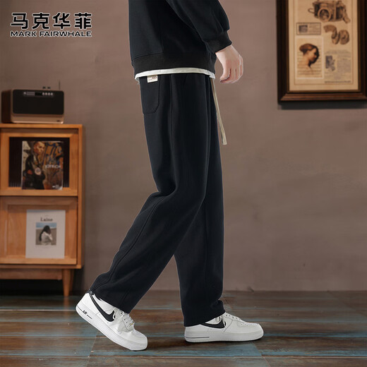 马克华菲（MARK FAIRWHALE）休闲裤男士冬季宽松卫裤子男裤美式潮牌阔腿长裤子 黑色 M