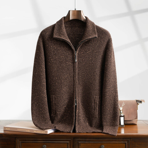 Mushi new winter 100% cashmere sweater bright starry sky series floral yarn lapel double zipper men's cashmere cardigan Starry Sky Coffee 2XL