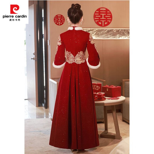 Pierre Cardin Cheongsam Toast Wear Bride 2025 New Red Engagement Wedding Dress Chinese Style Xiuhe Wedding Dress Long Sleeve Winter Burgundy 2XL