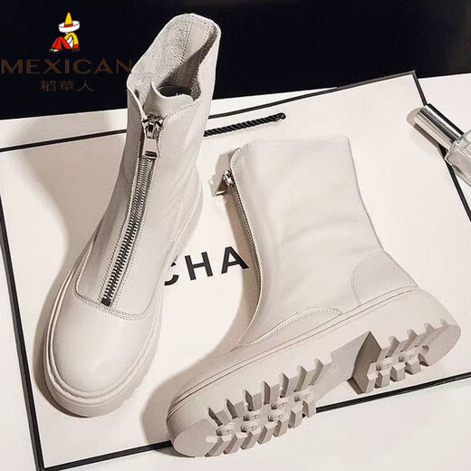 Scarecrow genuine leather Martin boots for female students Korean 2026 autumn and winter versatile mid-calf thick-soled short boots for women winter boots black plus velvet 41