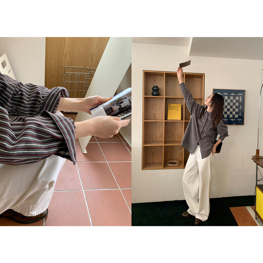 Hello Canon Striped texture design lapel shirt women's autumn and winter 202 new retro Korean style casual shirt brown XS