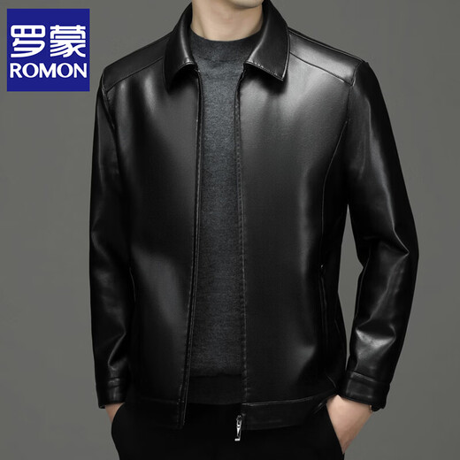 ROMON leather jacket men's 2026 new spring and autumn trendy brand handsome motorcycle jacket men's velvet thickened leather jacket top black thickened style XL (180)