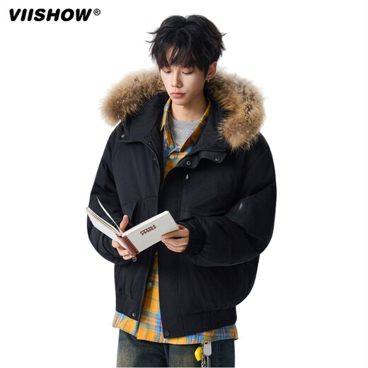 Viishow2025 новый пуховик мужской короткий зимний утолщенный парка со съемным большим меховым воротником рабочая куртка черный XL