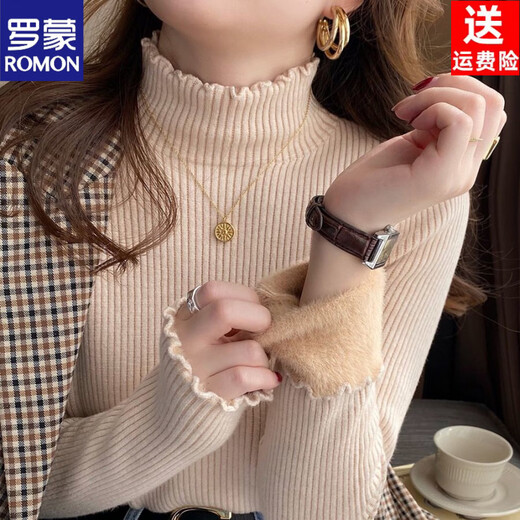 ROMON thickened one-piece velvet 2022 new winter sweater for women with fungus edge knitted bottoming shirt, warm and versatile inner top, white S