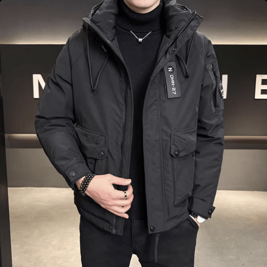Snow Flying (SNOWFLYING) Workwear Hooded Down Jacket Men's Autumn and Winter Thickened Coldproof Clothing 2025 New Trendy Fashion Short Top Men Black 2XL Recommended 130-155Jin Jin is equal to 0.5 kg