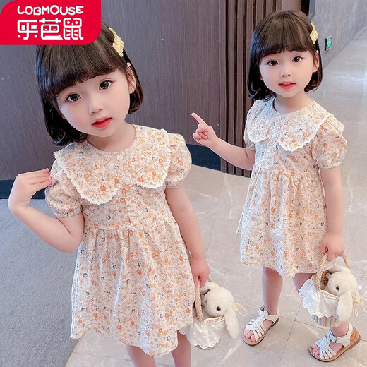 乐芭鼠童装女童连衣裙女宝宝衣服夏季甜美可爱碎花裙小孩裙子公主裙娃娃领洋气时髦薄款中小童 桔色 100码建议2-3岁 ( 90-100cm )