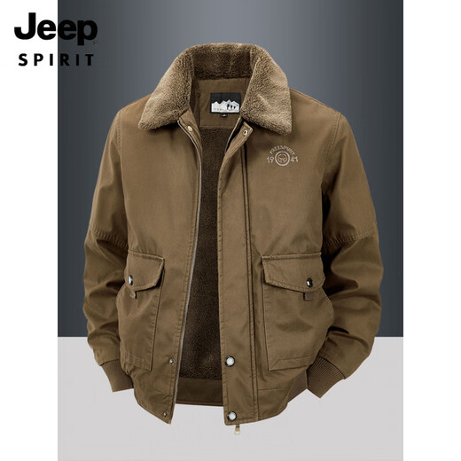 JEEP SPIRIT autumn and winter middle-aged velvet thickened cotton coat men's winter loose lapel casual loose cotton top 2188 Army green velvet thickened M 100-120Jin Jin equals about 0.5 kg