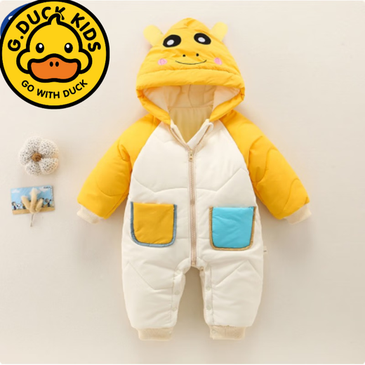 G.duck baby autumn and winter quilted down cotton jumpsuit jumpsuit for men and women baby zipper hooded cartoon splicing plus velvet crawler D yellow frog winter style plus velvet thickened assault top 80cm