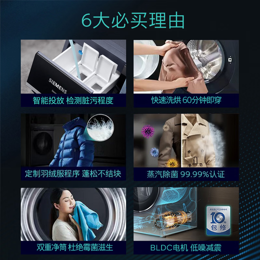 SIEMENS iQ300 10KG large capacity fully automatic drum washing machine with built-in dryer, integrated washing and drying AI intelligent delivery steam sterilization mite anti-allergy WN52A1A20W