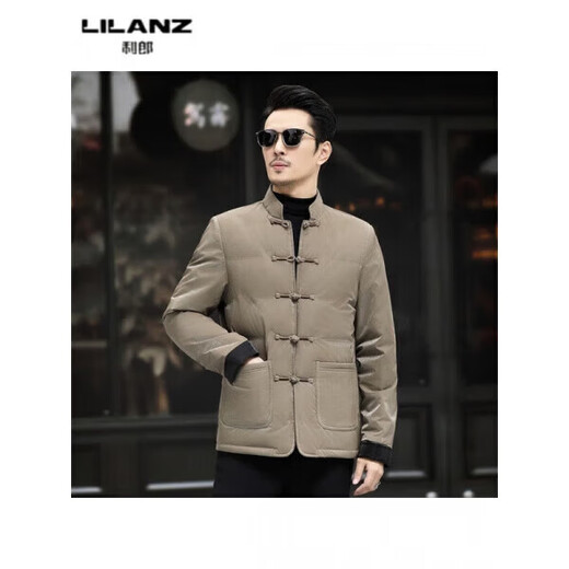LILANZ Tang Suit Down Jacket Autumn and Winter Men's Chinese Style Stand Collar White Duck Down Jacket Short Lightweight Casual Warmth Khaki 517 14XL (190)