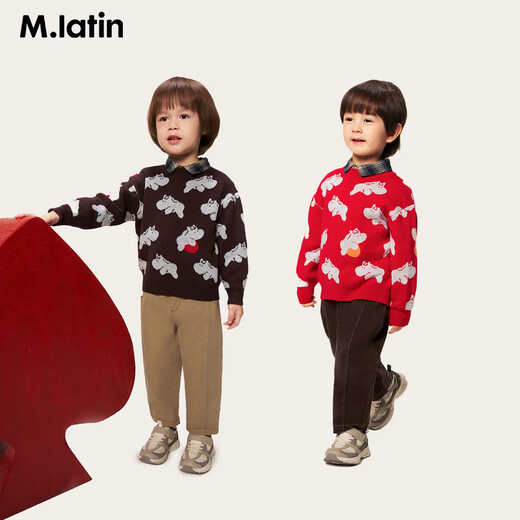 M.Latin shopping mall same style New Year's wear children's sweater 26 spring new boys' M.Latin jacquard round neck red sweater bright red 90
