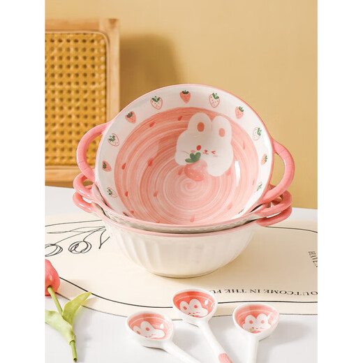 Tuojin cute ceramic double-eared soup bowl, large snail noodle bowl, large bowl, children's instant noodle bowl, personal rice bowl and dish set, exquisite gift box for 6 people, 27-piece set