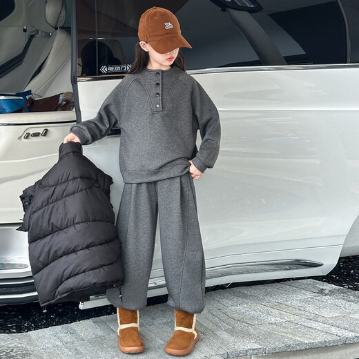 Wooden house girl's winter vest plus velvet and thickening for middle and large children 2026 new style autumn and winter style children's three-piece trendy black cotton vest thickened 140 recommended height 125-135 weight 50-60 Jin Jin is equal to 0.5 kg