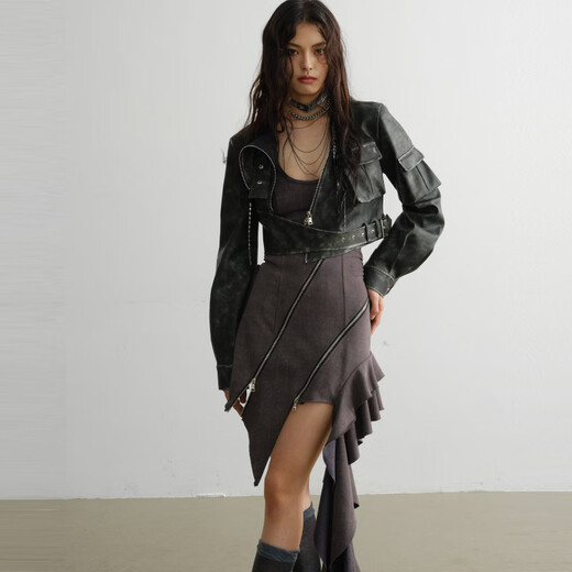 RAINNAN STUDIOS new season's new retro green cool motorcycle girl color rubbing process PU jacket green S