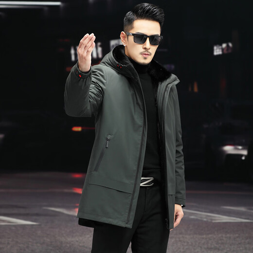 CHEVALPES international first-line brand men's mink-lined fur coat full mink fur integrated mid-length hooded coat military green M 165