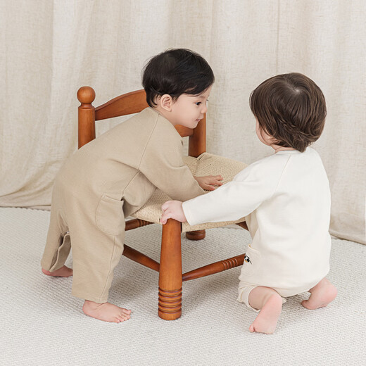Wooden cotton baby jumpsuit spring and autumn baby waffle long-sleeved bottoming romper home pajamas for boys and girls, apricot 66cm