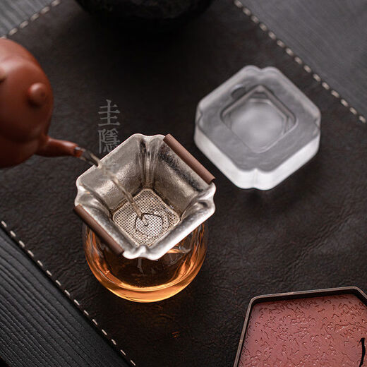 Yinrentang pure titanium tea filter crystal glass base integrated tea drain tea separator ultra-fine tea filter tea filter pure titanium tea drain crystal base set