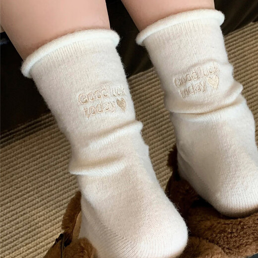 Curled wool velvet socks for women in autumn and winter ins trend mid-tube socks with velvet and thickening to keep warm during sleep and confinement, milk white apricot gray blue black 5 pairs, one size fits all, thickened wool lasting warmth