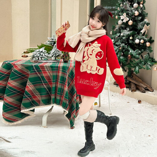 Disney (Disney) Chinese Year of the Red Horse Children's Pullover Sweater Girls Autumn and Winter Parent-child Clothes New Year's Clothes Sweater Festive Family Portrait Red (Thick Version) 110 Recommended Height 105-110