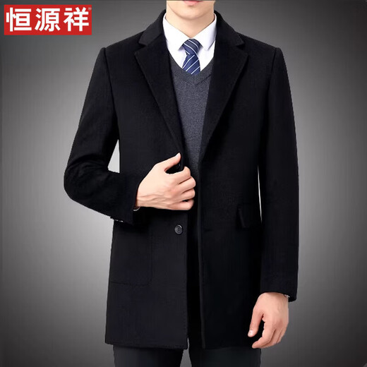 Hengyuanxiang double-sided wool coat for middle-aged men, mid-length, over the knee, middle-aged and elderly wool wool dad thickened coat, black (medium-length suit collar) L 175