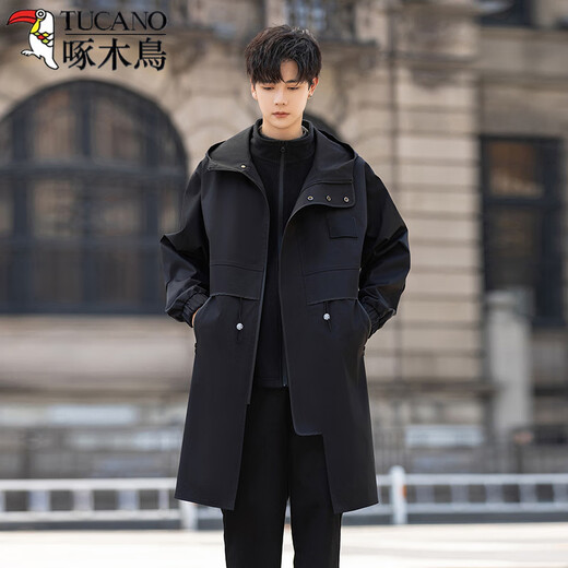 Woodpecker (TUCANO) 2026 new windbreaker men's mid-length jacket three-in-one detachable hooded jacket windproof and waterproof premium style jacket black M