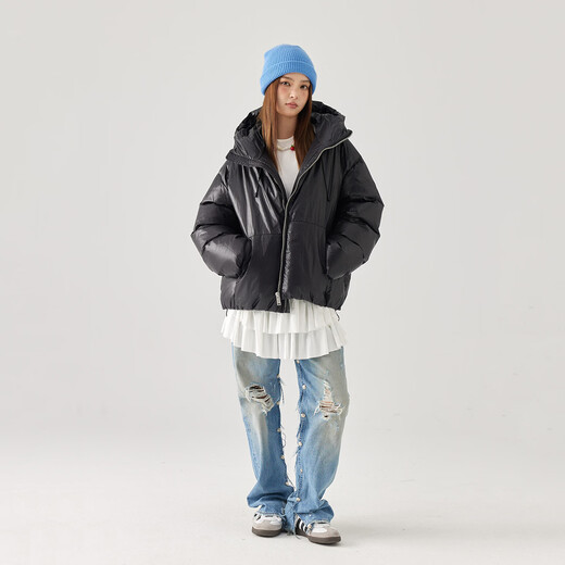 GOLFCROSS 90 velvet pleated glossy letter print strappy thickened hooded down jacket for men and women, black XL