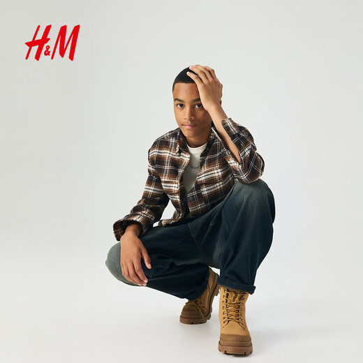 H&M children's clothing children's boys' shirt spring new plaid shirt cotton flannel jacket style shirt 1294610 brown/plaid 165 165/84 (13-14Y)