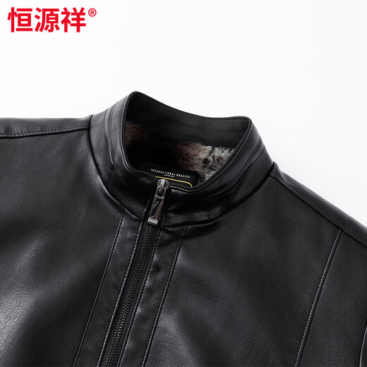 Hengyuanxiang dad winter leather jacket middle-aged and elderly men's velvet thickened cold-proof and warm leather jacket middle-aged stand-up collar top black L 175 recommended 90-115 Jin Jin equals 0.5 kg