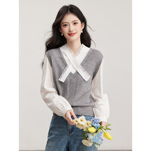 Fanximan gray college style fake two-piece sweater for women 26 spring new lace splicing design top 30597 gray one size