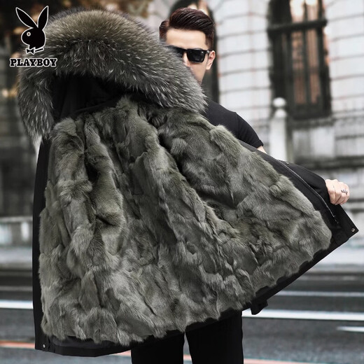 花花公子海宁派克服男2025新款冬季皮草外套狐狸毛男款中长款男士皮毛一体 卡其绿+狐狸毛休闲款 L 110-130斤