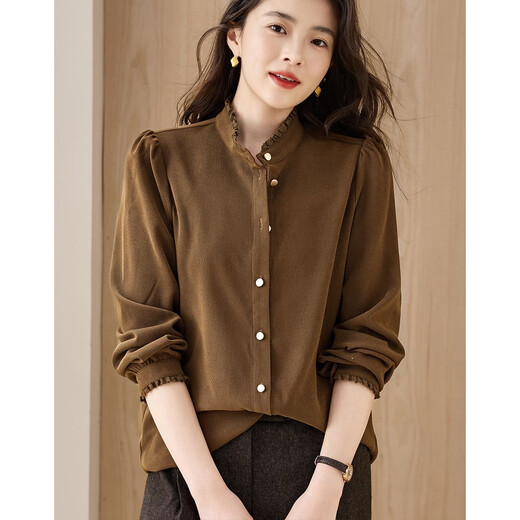 Demana Cheese Brushed Winter Warm Slim Shirt Commuting Stand Collar Lace Decoration Puff Sleeve Shirt Women's Top