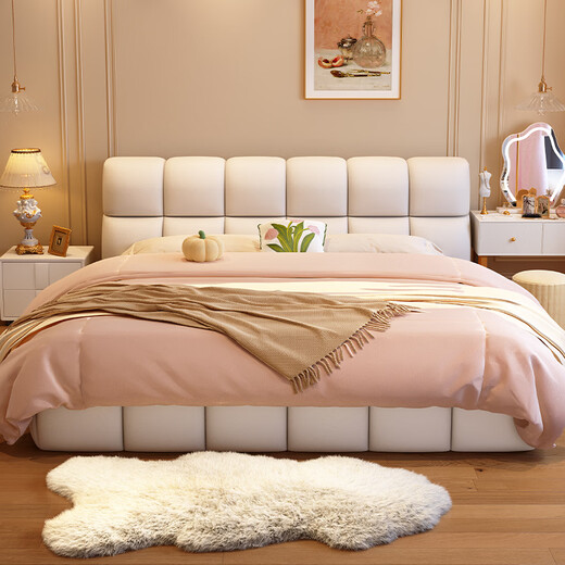 Ziwu Leather Puff Bed Cream Style Double Bed 1.8m 2m Master Bedroom King Bed Leather Bed Solid Wood Frame Storage King Bed Leather Single Bed Default Leather Beige 1.8*2m Frame Model 15cm Silent Bed Board