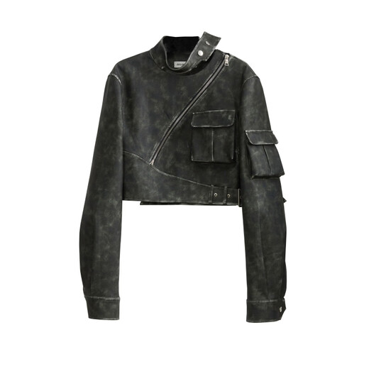 RAINNAN STUDIOS new season's new retro green cool motorcycle girl color rubbing process PU jacket green S