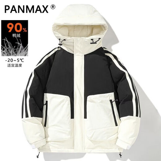 PANMAX new winter splicing contrasting color casual hooded down jacket men's casual versatile thickened warm jacket black S recommended 85-105Jin Jin equals 0.5 kg