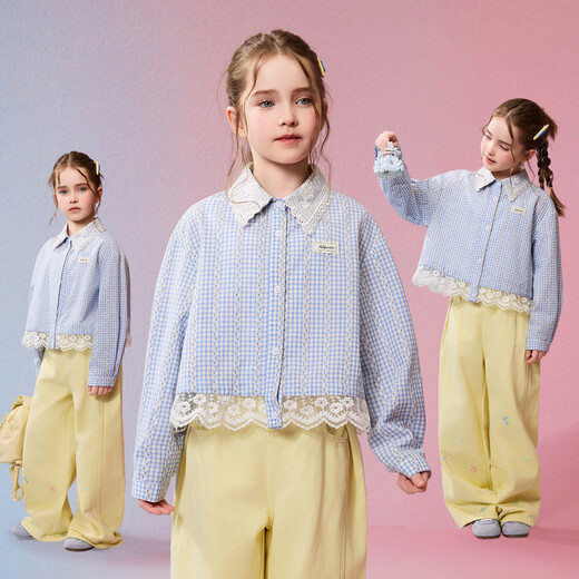 ASK JUNIOR children's shirt 2026 spring medium and large children's lace stitching plaid long-sleeved jacket girls fashion tops