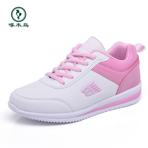 Woodpecker spring and autumn new leather surface waterproof horizontal bottom casual shoes women's Korean version versatile sports shoes lightweight soft sole travel running shoes 8176 white powder (leather surface) 37