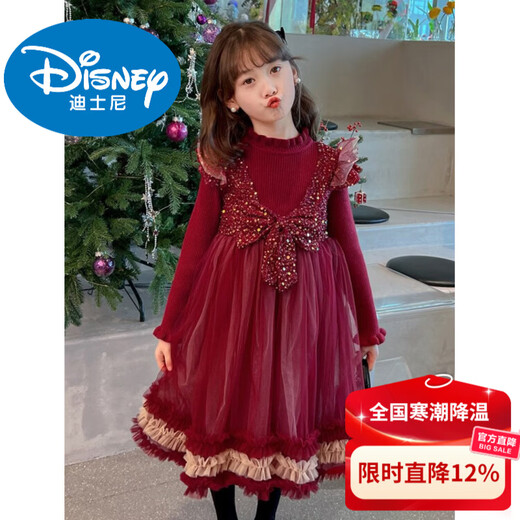 Disney girls autumn and winter velvet dress fashionable princess skirt girls New Year's greetings winter clothes big children New Year red red 130 cm