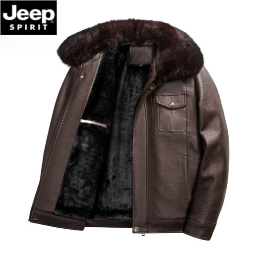 JEEP SPIRIT Jeep Haining middle-aged and elderly velvet genuine leather jacket large size men's velvet thickened winter dad 50 coat fur collar 60 pickle brown free fur collar 2025 L 175/92A recommended 110-125Jin Jin equals 0.5 kg