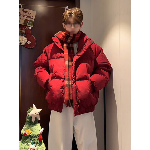 Main style (ZHUYIFAN) burgundy stand-up collar American down jacket for boys Christmas and New Year shirt short jacket warm thickened bread jacket red upgraded version M