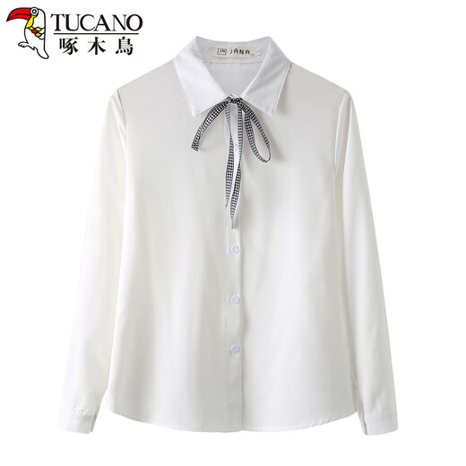 Woodpecker 2025 spring, autumn and winter new velvet thickened bow chiffon white shirt for women with long-sleeved bottoming top round neck coffee plaid lace-up without velvet S