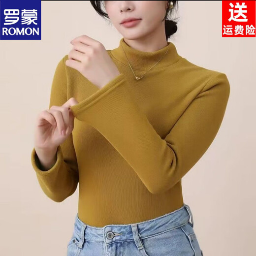 ROMON bottoming shirt 2026 new velvet thickened half-high collar solid color women's winter simple long-sleeved high-elastic top mid-collar off-white M 70-90Jin Jin equals 0.5 kg