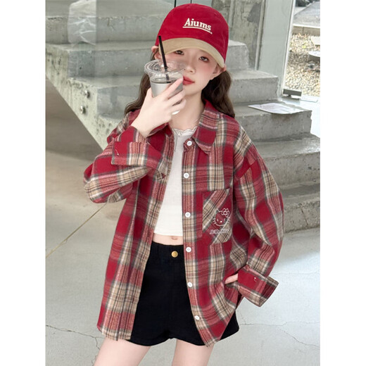 Girls Autumn Plaid Shirt 2025 New Style Casual Big Children Spring and Autumn Korean Style Shirt Loose Jacket Brown 170