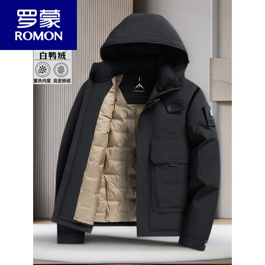 罗蒙（ROMON）冬季男士工装90白鸭绒羽绒服冬连帽冲锋衣户外保暖中青年外套 绿色 XL 180 建议120-135斤