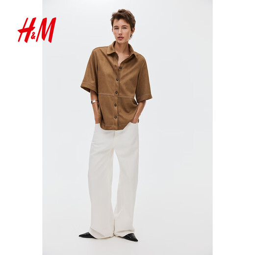 H&M 2026 new spring women's short-sleeved shirt 1325240 dark beige XS 155/80
