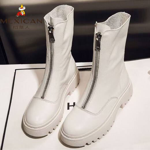 Scarecrow genuine leather Martin boots for female students Korean 2026 autumn and winter versatile mid-calf thick-soled short boots for women winter boots black plus velvet 41