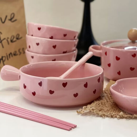 Chaosihui pink love food for one person internet celebrity high-looking ceramic tableware set household instant noodle bowl hand bowl spoon combination 2024 pink love food combination for two people gift box 2025